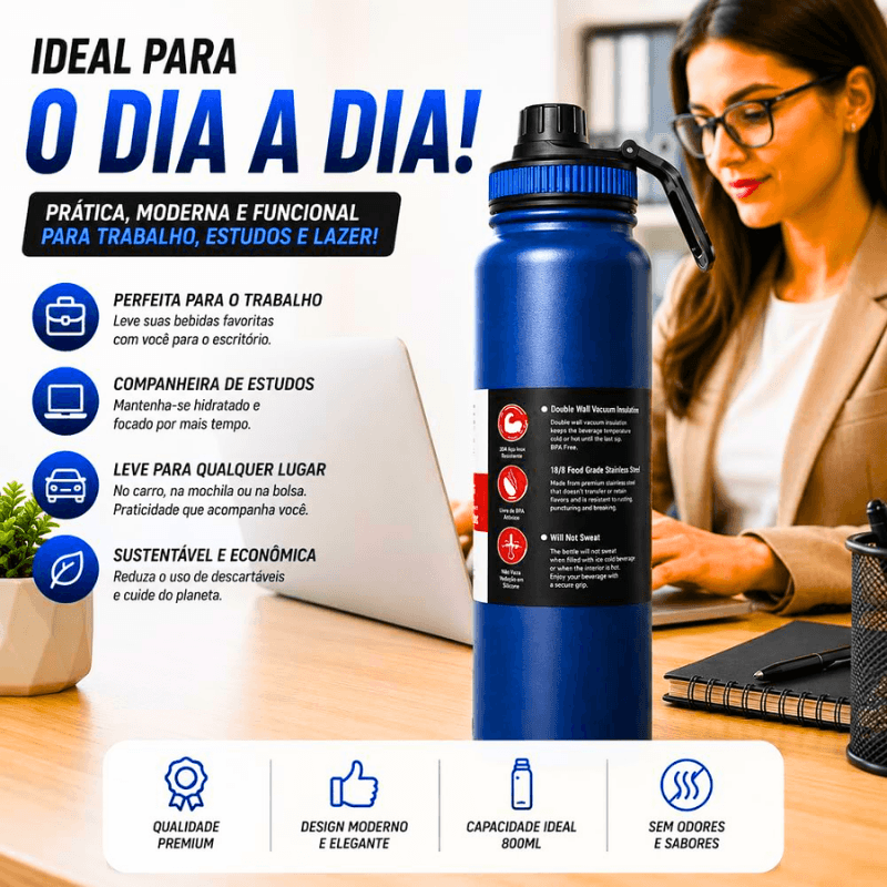 Garrafa de Água Térmica Aço Inox Esportiva Academia Isolada a Vácuo Aço Inox 304 de 800ml
