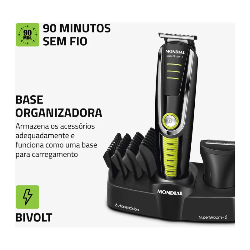Cortador De Cabelo Mondial Super Groom 6 Preto/Verde