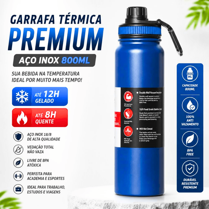 Garrafa de Água Térmica Aço Inox Esportiva Academia Isolada a Vácuo Aço Inox 304 de 800ml