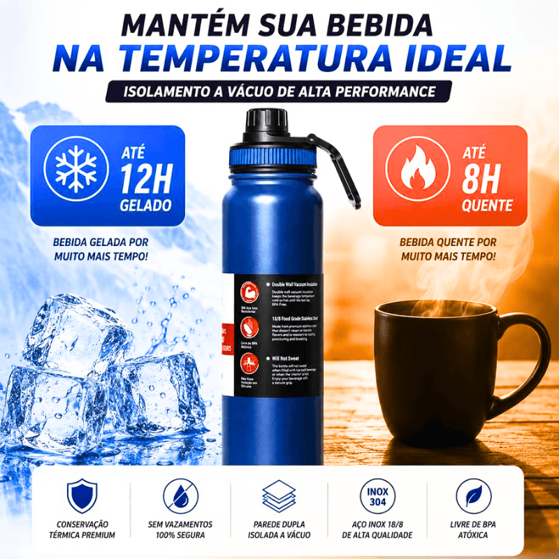 Garrafa de Água Térmica Aço Inox Esportiva Academia Isolada a Vácuo Aço Inox 304 de 800ml