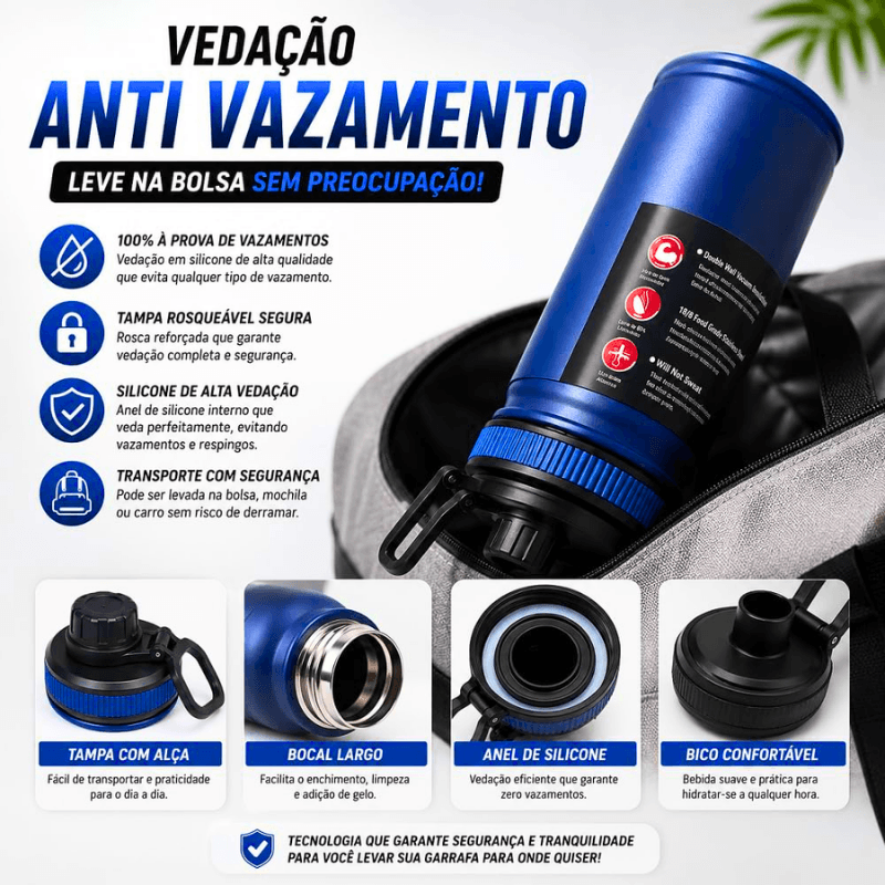 Garrafa de Água Térmica Aço Inox Esportiva Academia Isolada a Vácuo Aço Inox 304 de 800ml