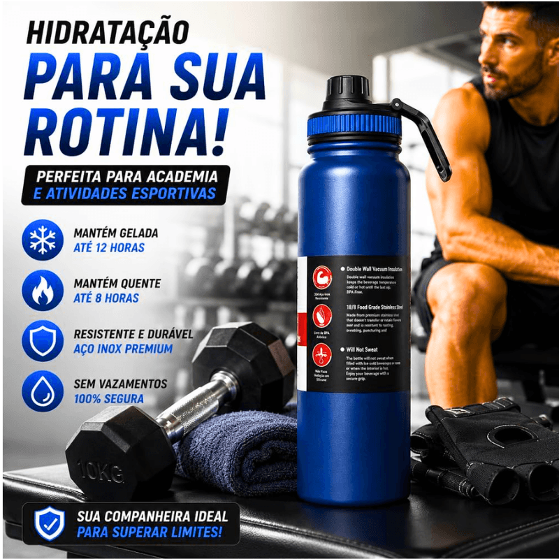 Garrafa de Água Térmica Aço Inox Esportiva Academia Isolada a Vácuo Aço Inox 304 de 800ml