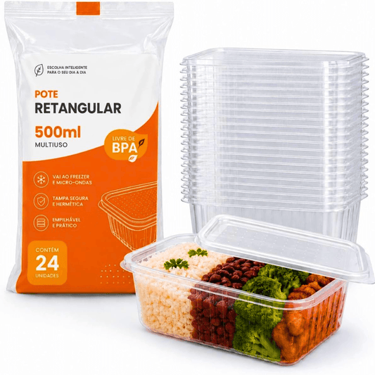 24 Potes Descartáveis Com Tampa, Suafesta, 500 ml, Retangular
